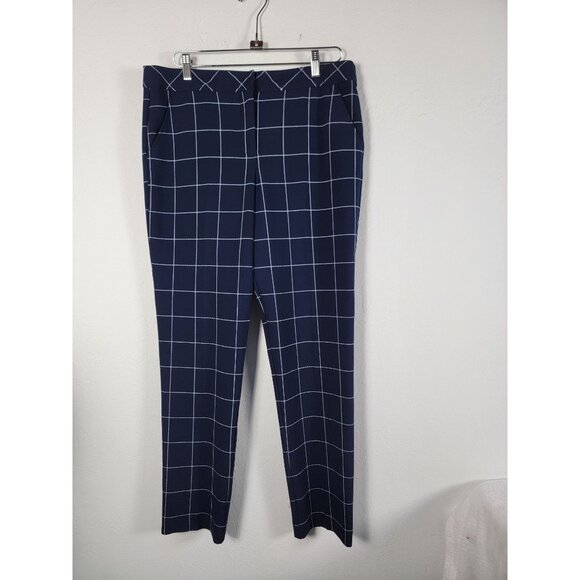 Trina Turk Women Navy & White Windowpane Plaid Trousers Sz 10 Viscose Blend NWOT - Picture 1 of 10